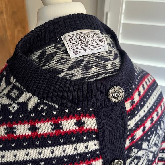 Vintage Pendleton Fair Isle Wool Cardigan Sweater XL Made USA Nordic Snowflake - Picture 5 of 10